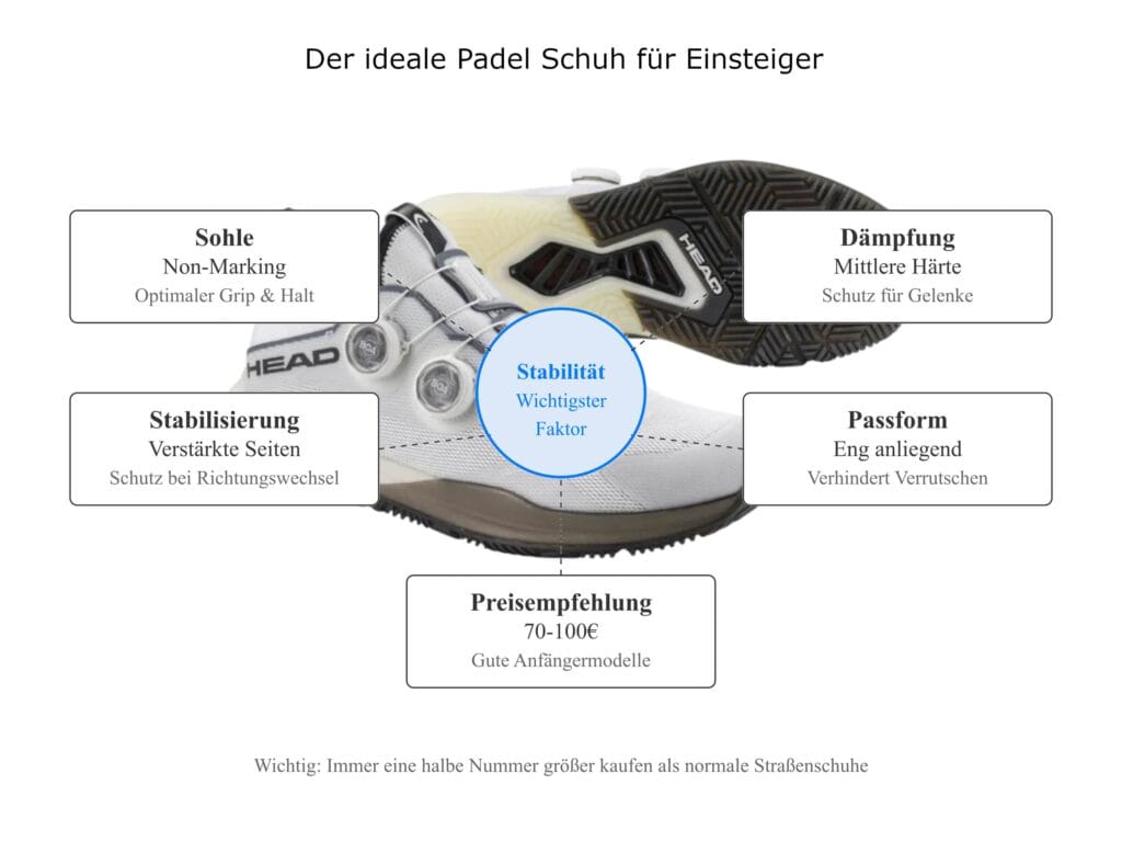 Infografik zum idealen Padel Schuh für Einsteiger und Anfänger